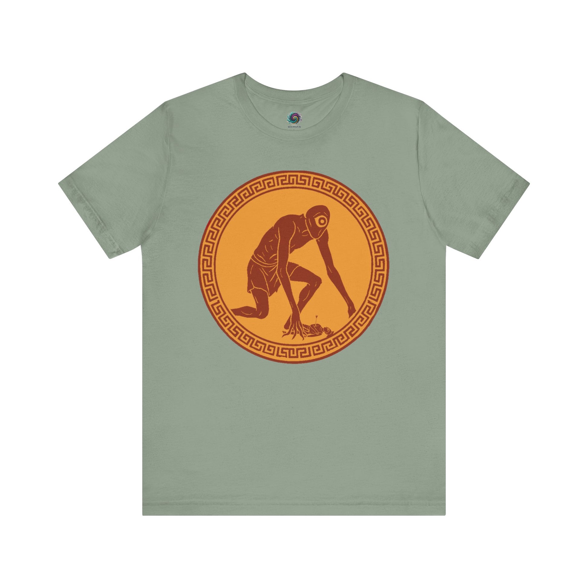 Sage t-shirt with a central red and gold circular design featuring a stylized image of Polyphemus, Cyclops from The Odyssey 