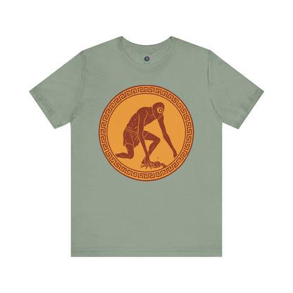 Sage t-shirt with a central red and gold circular design featuring a stylized image of Polyphemus, Cyclops from The Odyssey 