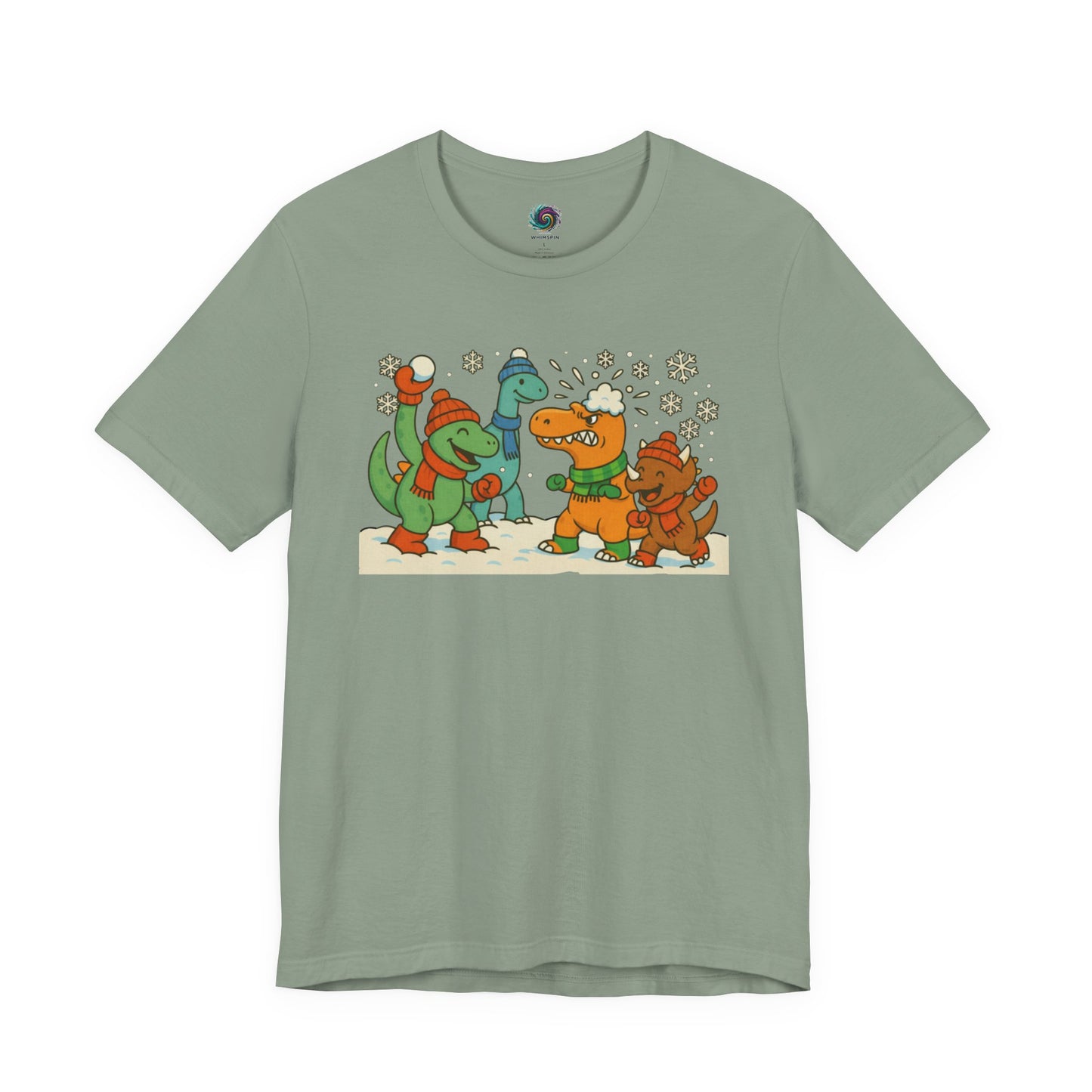 the Dinosaur Snowball Fight T-Shirt – Funny Winter Dino Graphic Tee in Sage, combining a calm winter tone with the cartoon dinosaur snow battle.