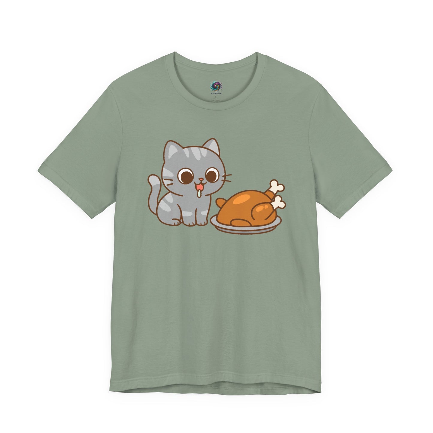 Thanksgiving Cat T-Shirt – Cute Hungry Cat and Turkey Tee in sage with a happy cat and Thanksgiving turkey graphic
