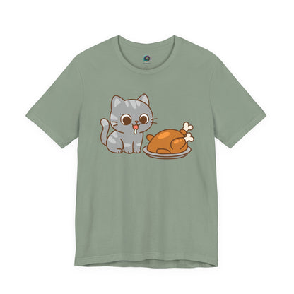 Thanksgiving Cat T-Shirt – Cute Hungry Cat and Turkey Tee in sage with a happy cat and Thanksgiving turkey graphic