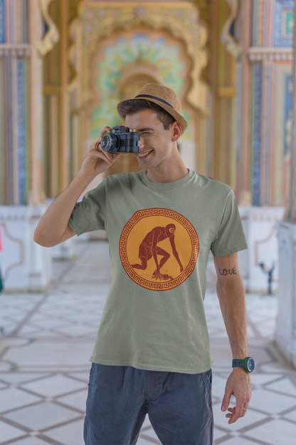 Man taking a photo with a camera, wearing a  light green t-shirt with a graphic design of the Cyclops from Greek myth, in an ornate architectural setting.