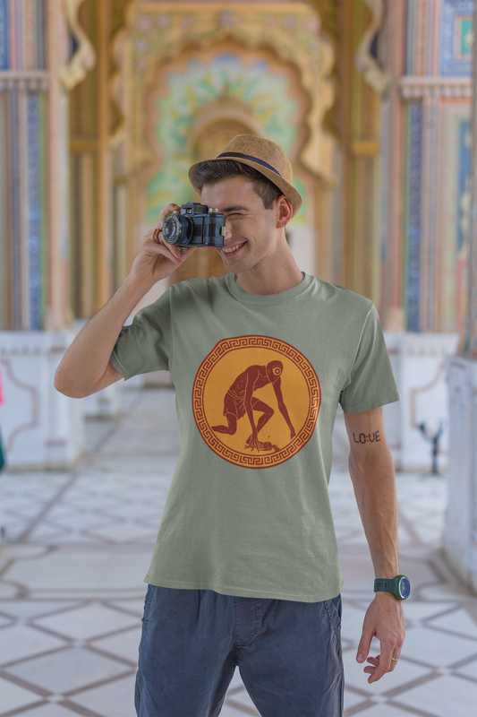 Man taking a photo with a camera, wearing a  light green t-shirt with a graphic design of the Cyclops from Greek myth, in an ornate architectural setting.