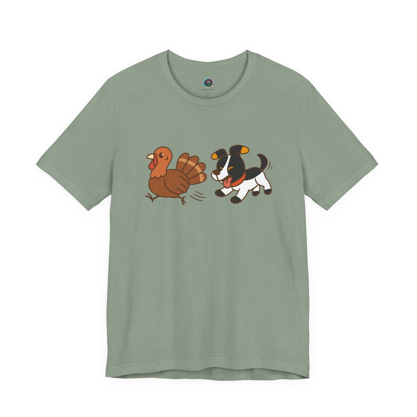 Dog Chasing Turkey T-Shirt – Funny Thanksgiving Dog Tee in sage green with cheerful festive print