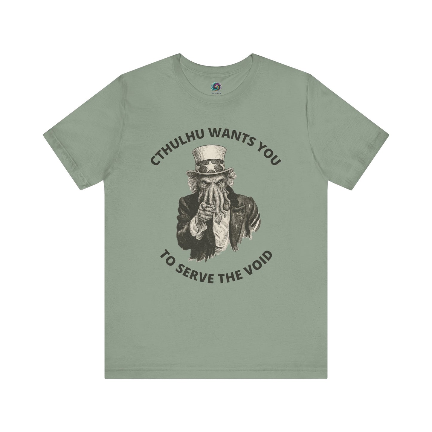 Cthulhu Wants You T-Shirt – Mythos Horror Tee for Lovecraft Fans in sage green, offering a muted background for the bold Cthulhu Uncle Sam artwork.