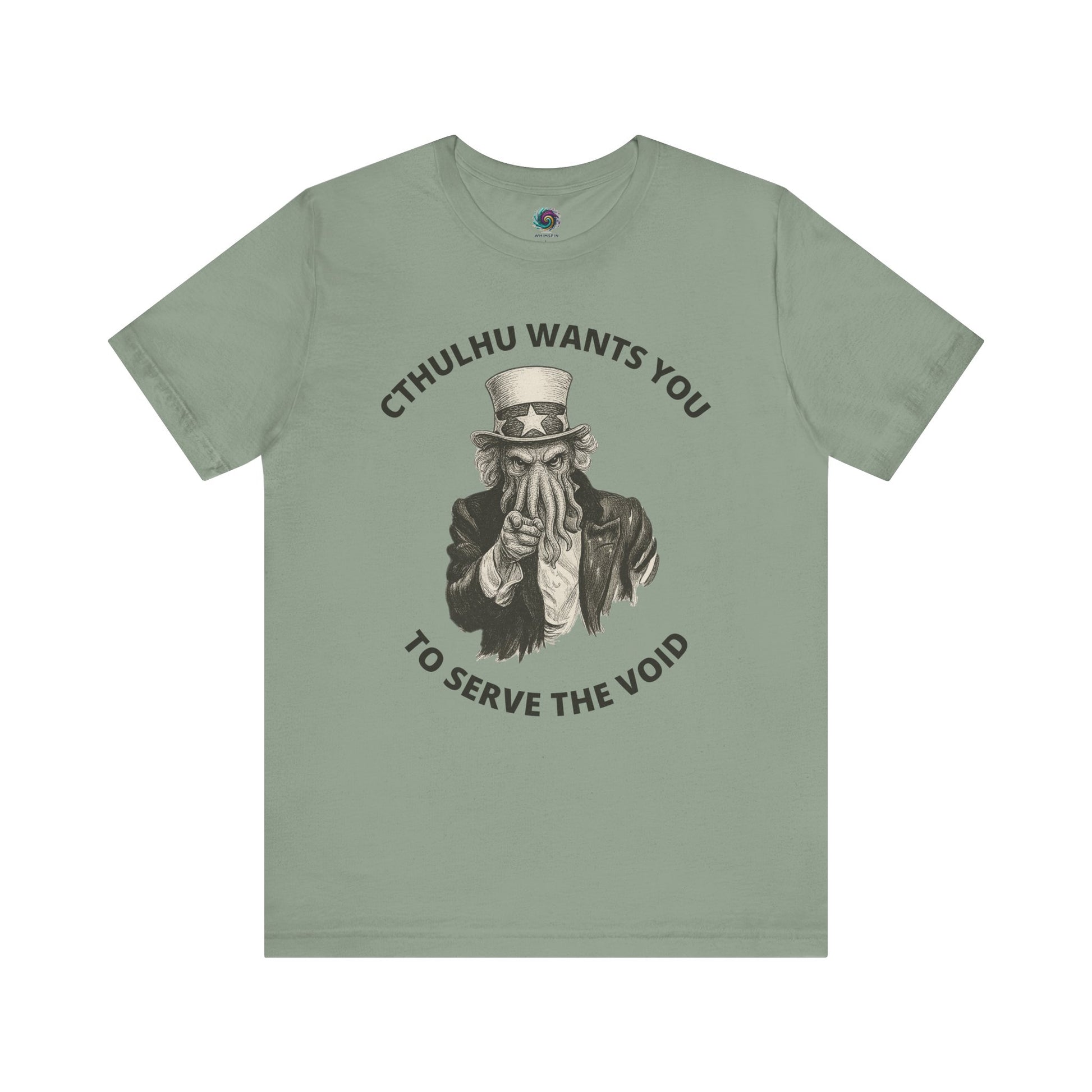 Cthulhu Wants You T-Shirt – Mythos Horror Tee for Lovecraft Fans in sage green, offering a muted background for the bold Cthulhu Uncle Sam artwork.