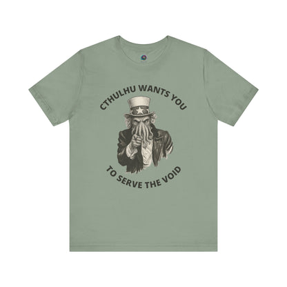 Cthulhu Wants You T-Shirt – Mythos Horror Tee for Lovecraft Fans in sage green, offering a muted background for the bold Cthulhu Uncle Sam artwork.