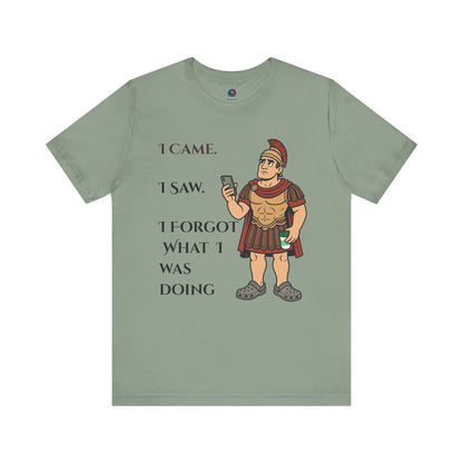 Sage I Came, I Saw, I Forgot T-Shirt – Funny ADHD-Inspired Tee with a graphic of a Roman soldier and text on a white background