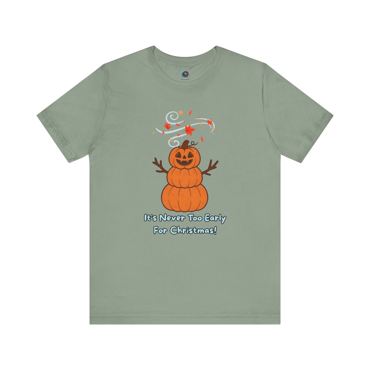 Pumpkin Snowman T-Shirt – It’s Never Too Early for Christmas in sage, playful pumpkin Christmas mashup tee.