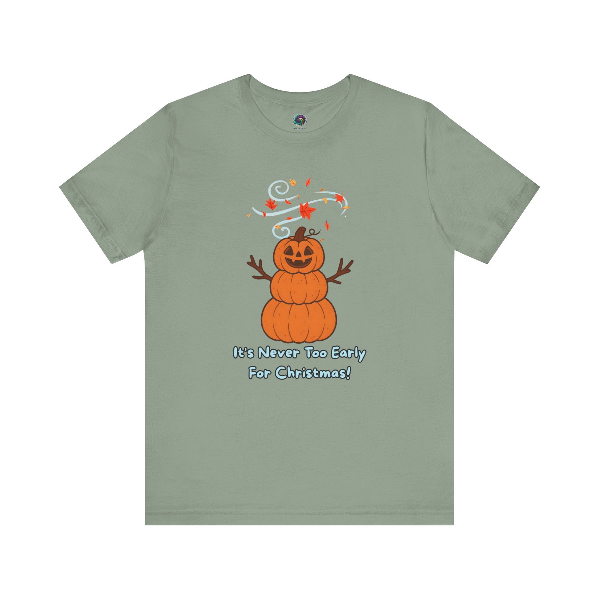 Pumpkin Snowman T-Shirt – It’s Never Too Early for Christmas in sage, playful pumpkin Christmas mashup tee.