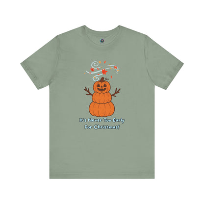 Pumpkin Snowman T-Shirt – It’s Never Too Early for Christmas in sage, playful pumpkin Christmas mashup tee.