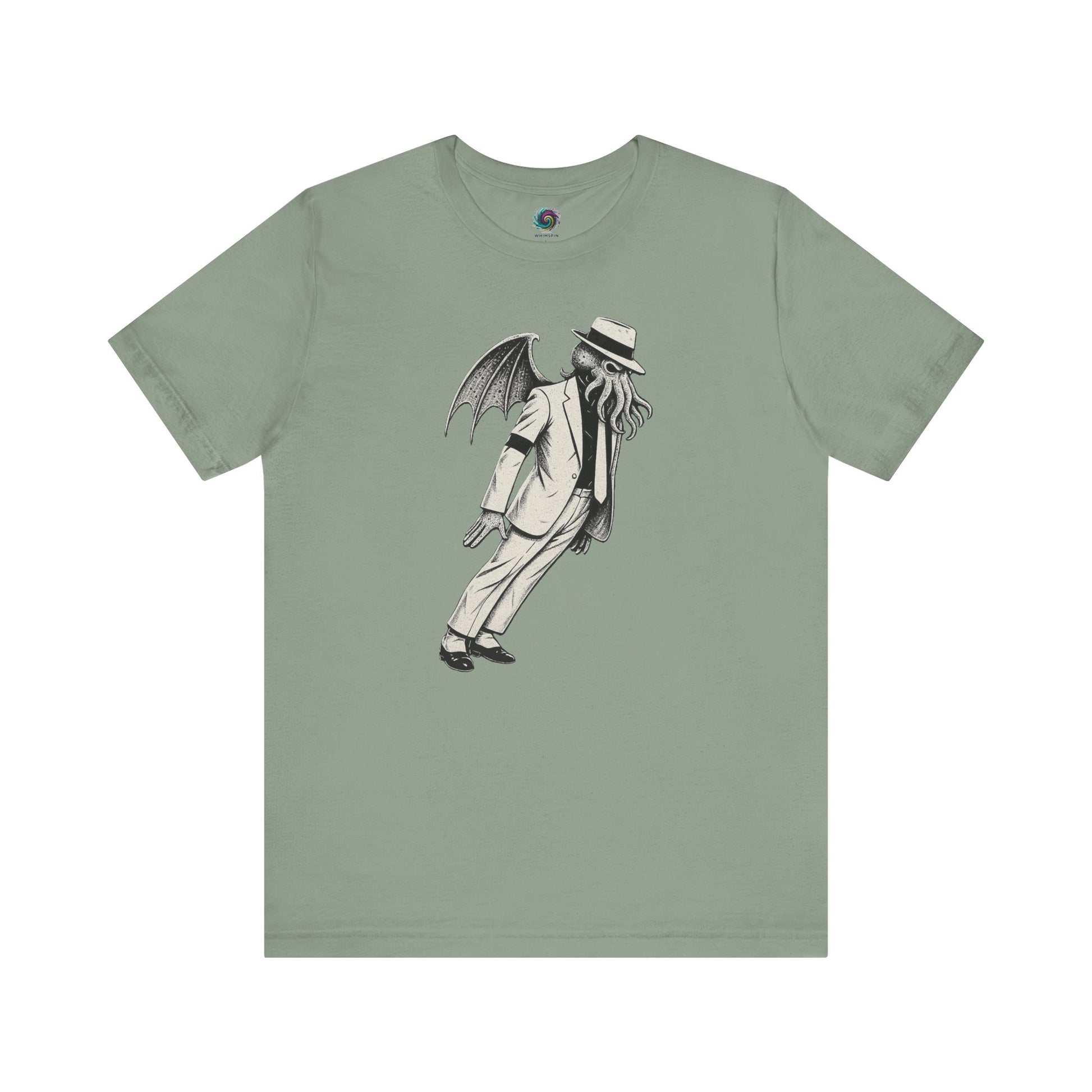 Smooth Cthulhu Unisex T-Shirt – Lovecraft Meets Smooth Criminal Style in sage, flat lay parody Smooth Cthulhu design.