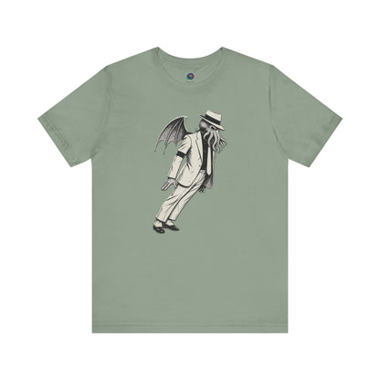 Smooth Cthulhu Unisex T-Shirt – Lovecraft Meets Smooth Criminal Style in sage, flat lay parody Smooth Cthulhu design.