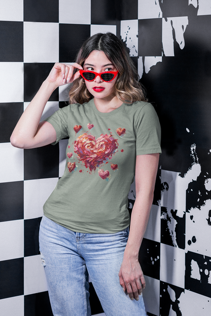 Woman in Sage Impressionistic Heart T-Shirt and red sunglasses poses in front of checkered wall
