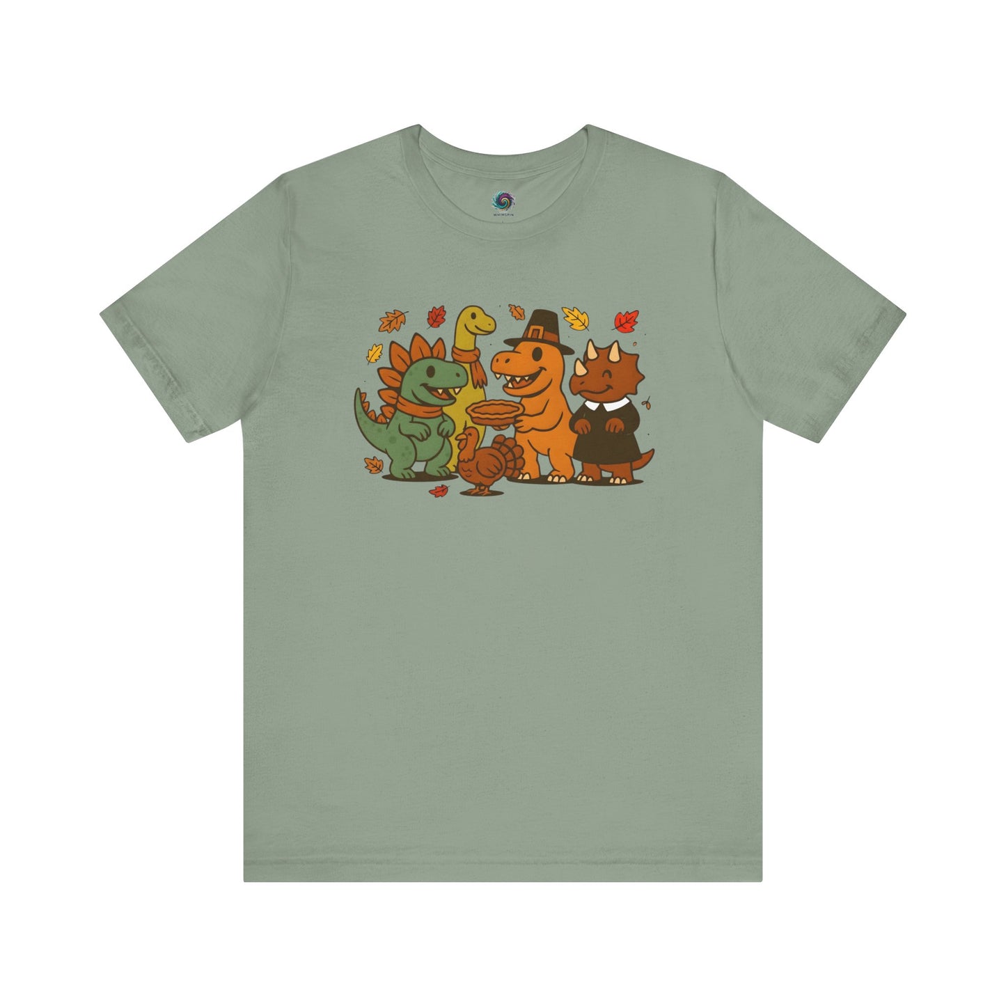 Thanksgiving Dinosaur T-Shirt – Funny Dino Thanksgiving Tee in soft sage green, showing cute dinosaurs surrounded by autumn leaves.