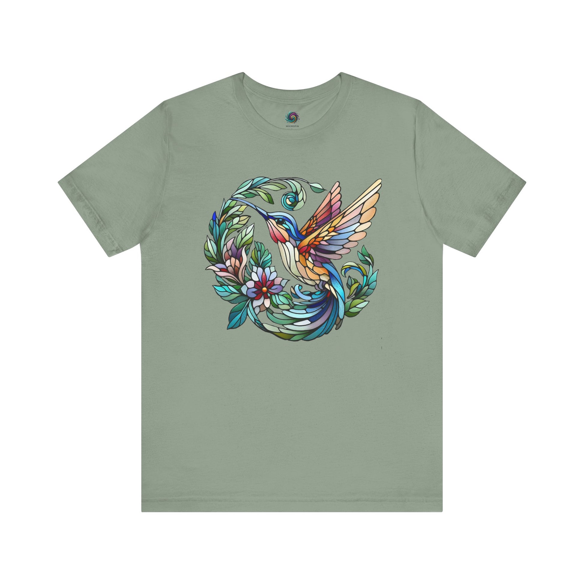 Stained Glass Hummingbird T-Shirt – Colorful Floral Bird Graphic Tee in sage with a softly vibrant stained glass hummingbird design inspired by nature.