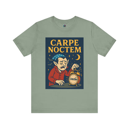 sage green funny tshirt with 'Carpe Noctem' graphic design featuring a vampire with an alarm clock and moon. Perfect for Halloween parties and night owls