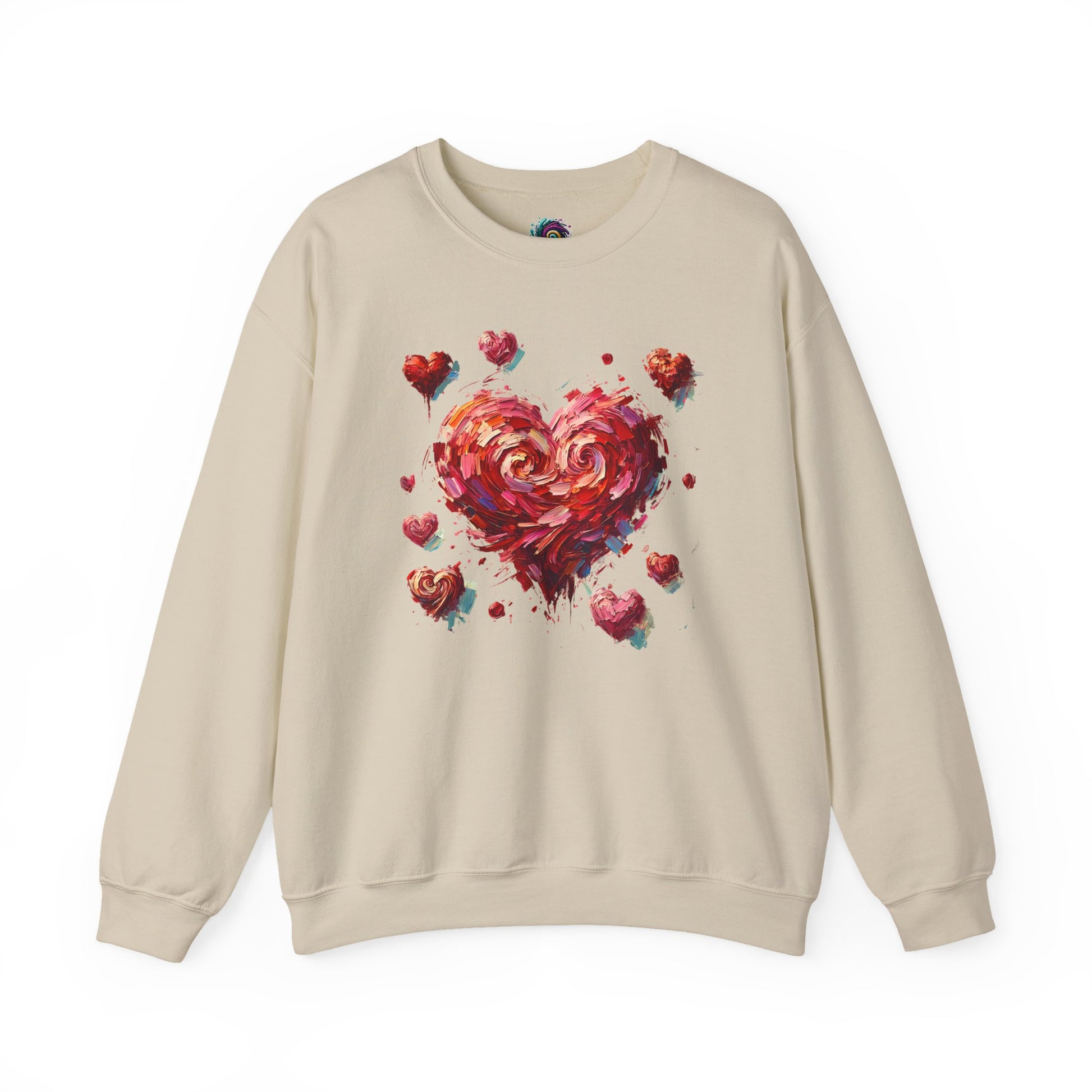 Painterly heart graphic on Sand Impressionistic Heart Sweatshirt – cozy and elegant Valentine's Day option