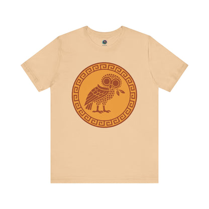 Sand Athena’s Owl T-Shirt, featuring a Greek Mythology Bird,  from WhimSpin on a white background