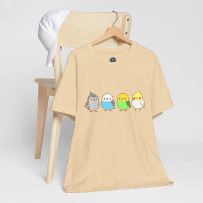 Chirpy Flock Bird T-Shirt from WhimSpin 4 chibi cartoon pet birds lined up in a row. 