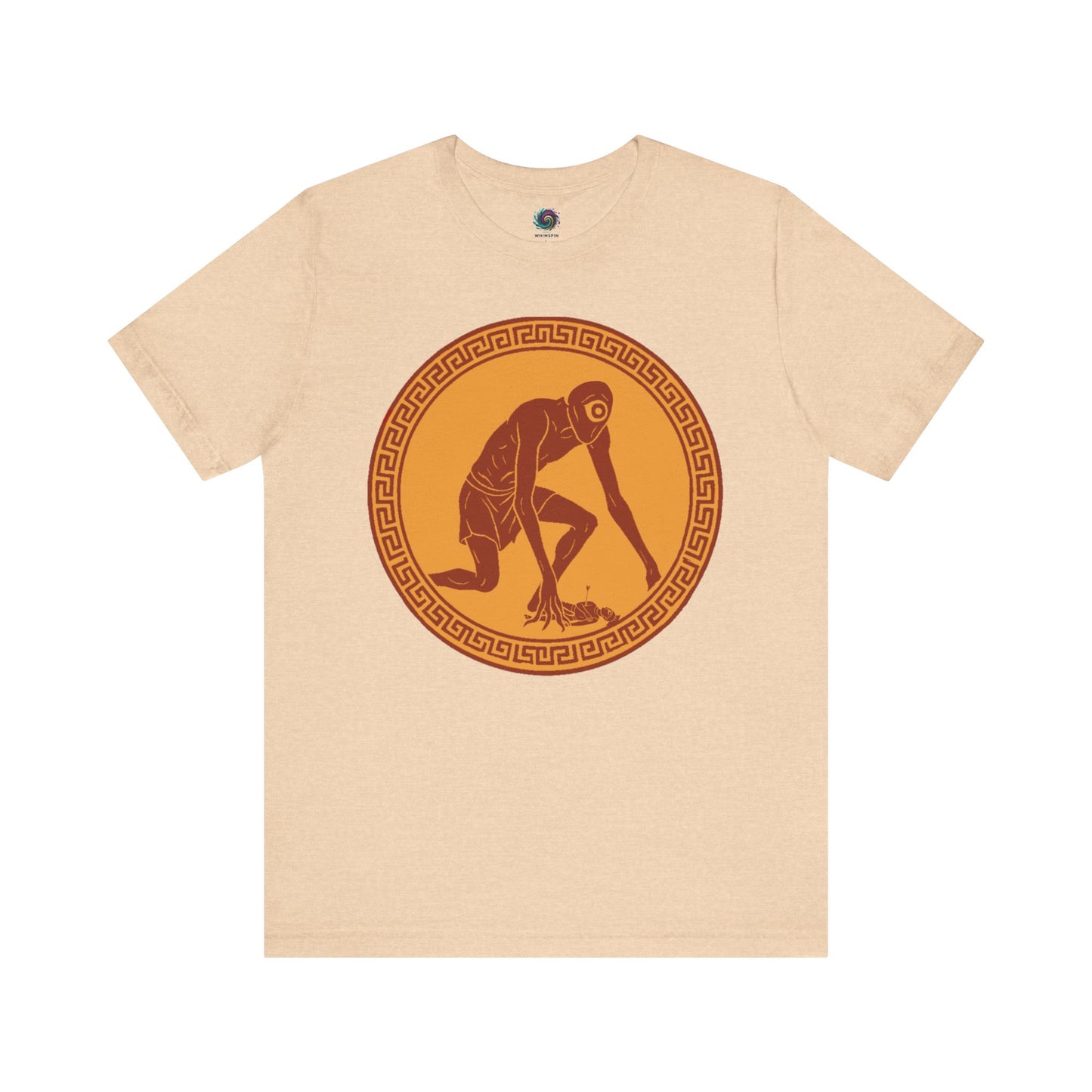 Heather Sand t-shirt with a central red and gold circular design featuring a stylized image of Polyphemus, Cyclops from The Odyssey 