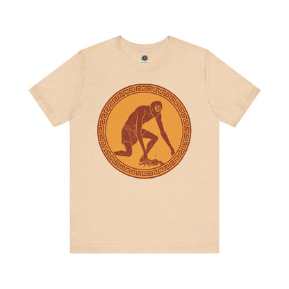 Heather Sand t-shirt with a central red and gold circular design featuring a stylized image of Polyphemus, Cyclops from The Odyssey 