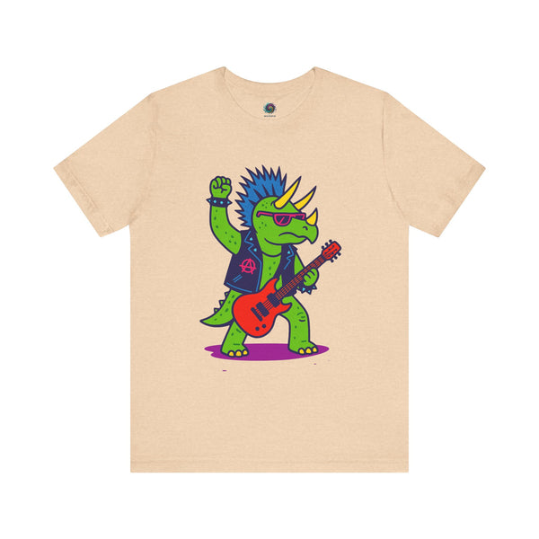 Punk Rock Triceratops T-Shirt – Funny Dinosaur Tee for Adults in heather sand dune, with a mohawk-wearing triceratops playing electric guitar — a perfect punk dinosaur look.