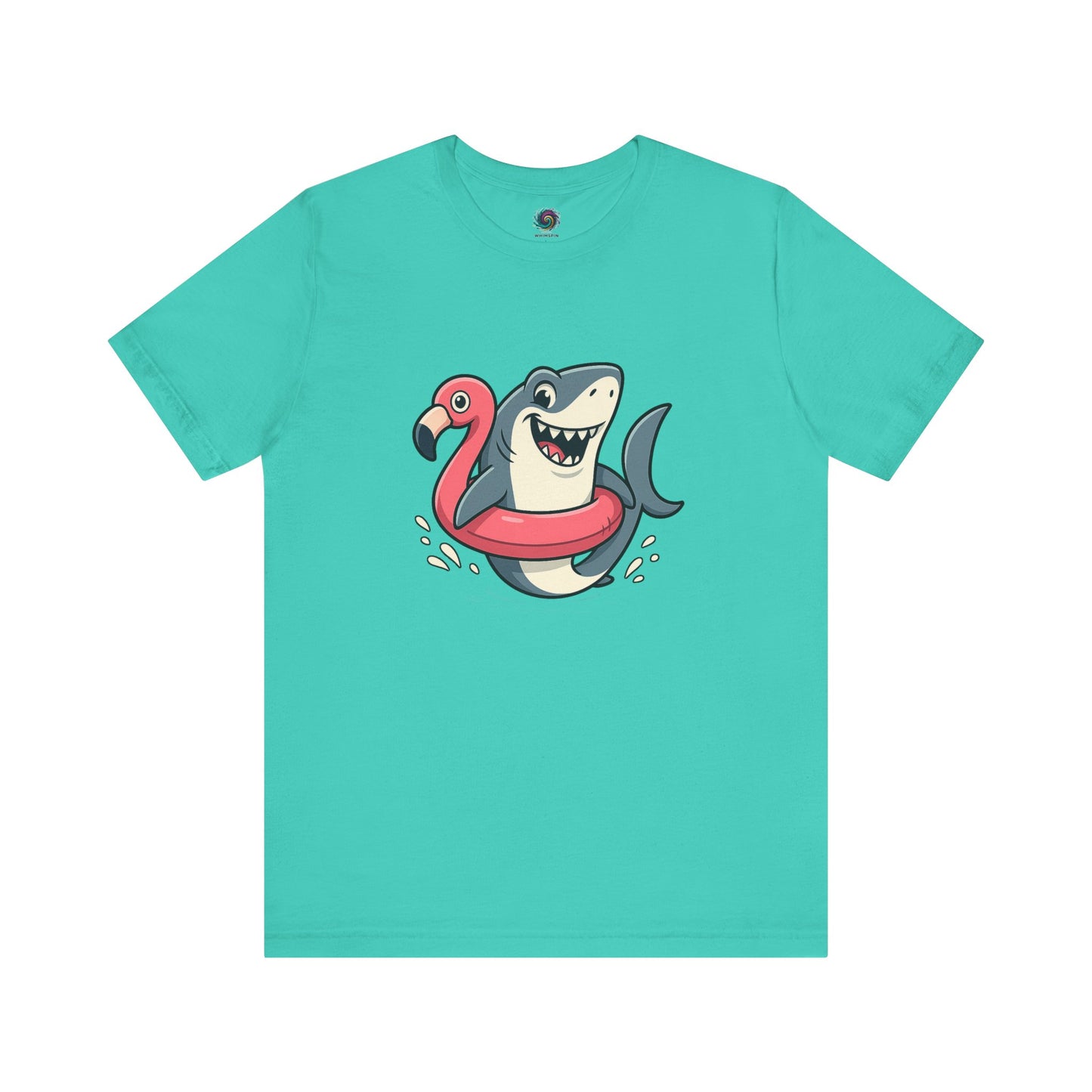 Shark Flamingo Floatie T-Shirt – Funny Beach & Pool Day Tee in teal with colorful flamingo-wrapped shark graphic