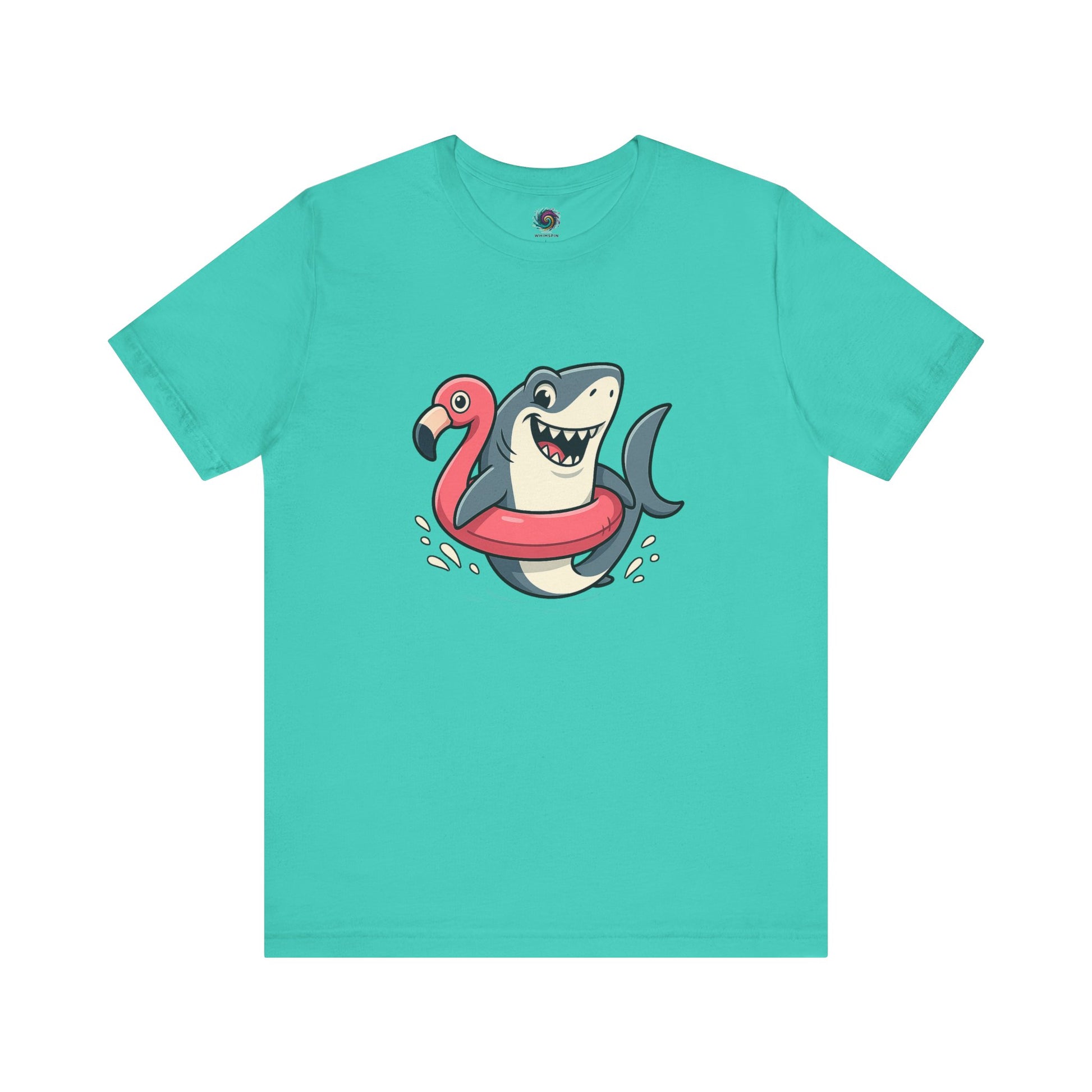 Shark Flamingo Floatie T-Shirt – Funny Beach & Pool Day Tee in teal with colorful flamingo-wrapped shark graphic