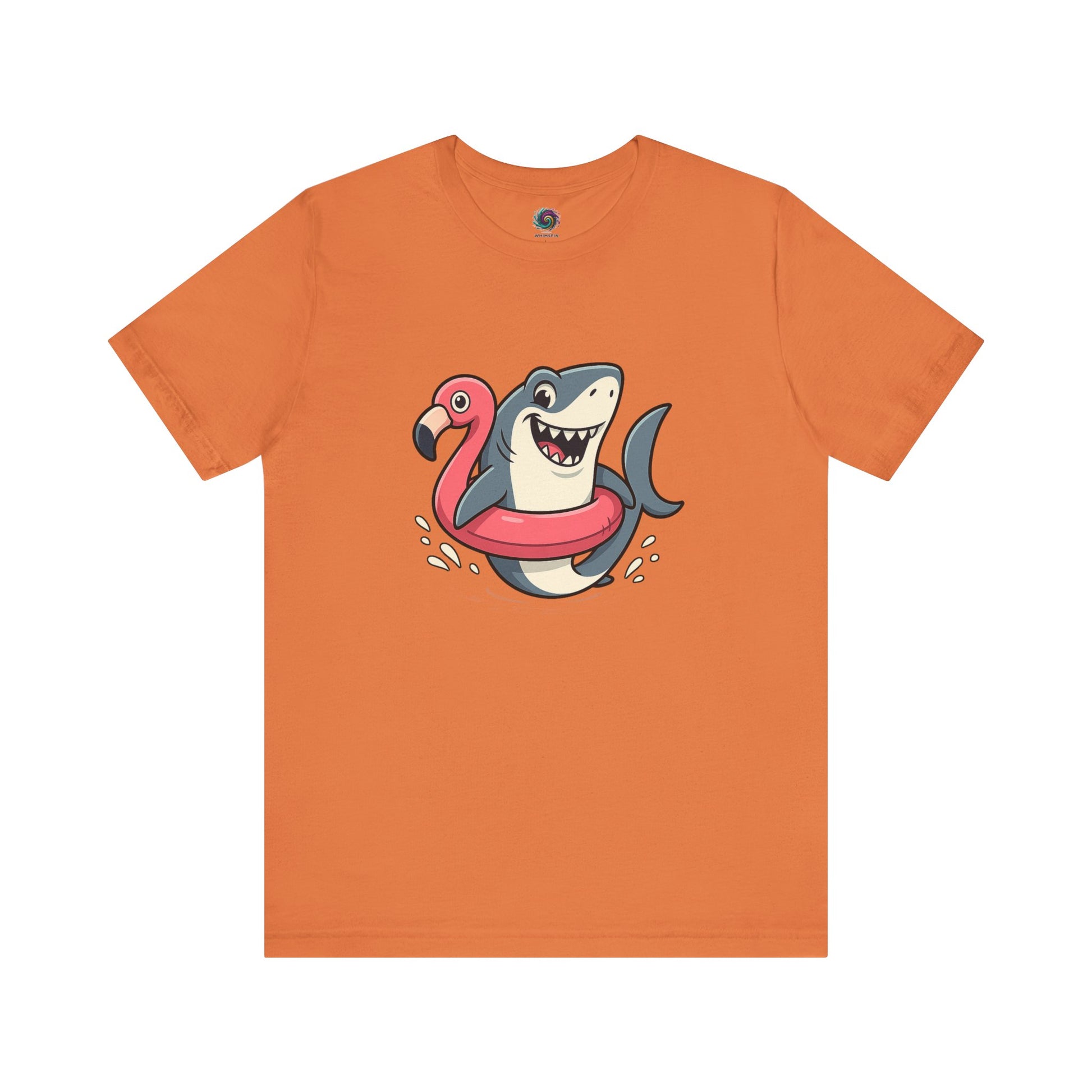 Shark Flamingo Floatie T-Shirt – Funny Beach & Pool Day Tee in burnt orange with smiling shark and flamingo float design