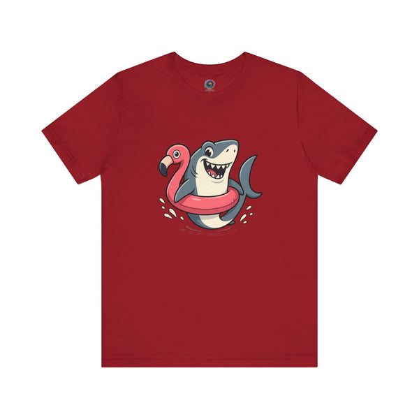 Shark Flamingo Floatie T-Shirt – Funny Beach & Pool Day Tee in canvas red featuring humorous beach shark artwork