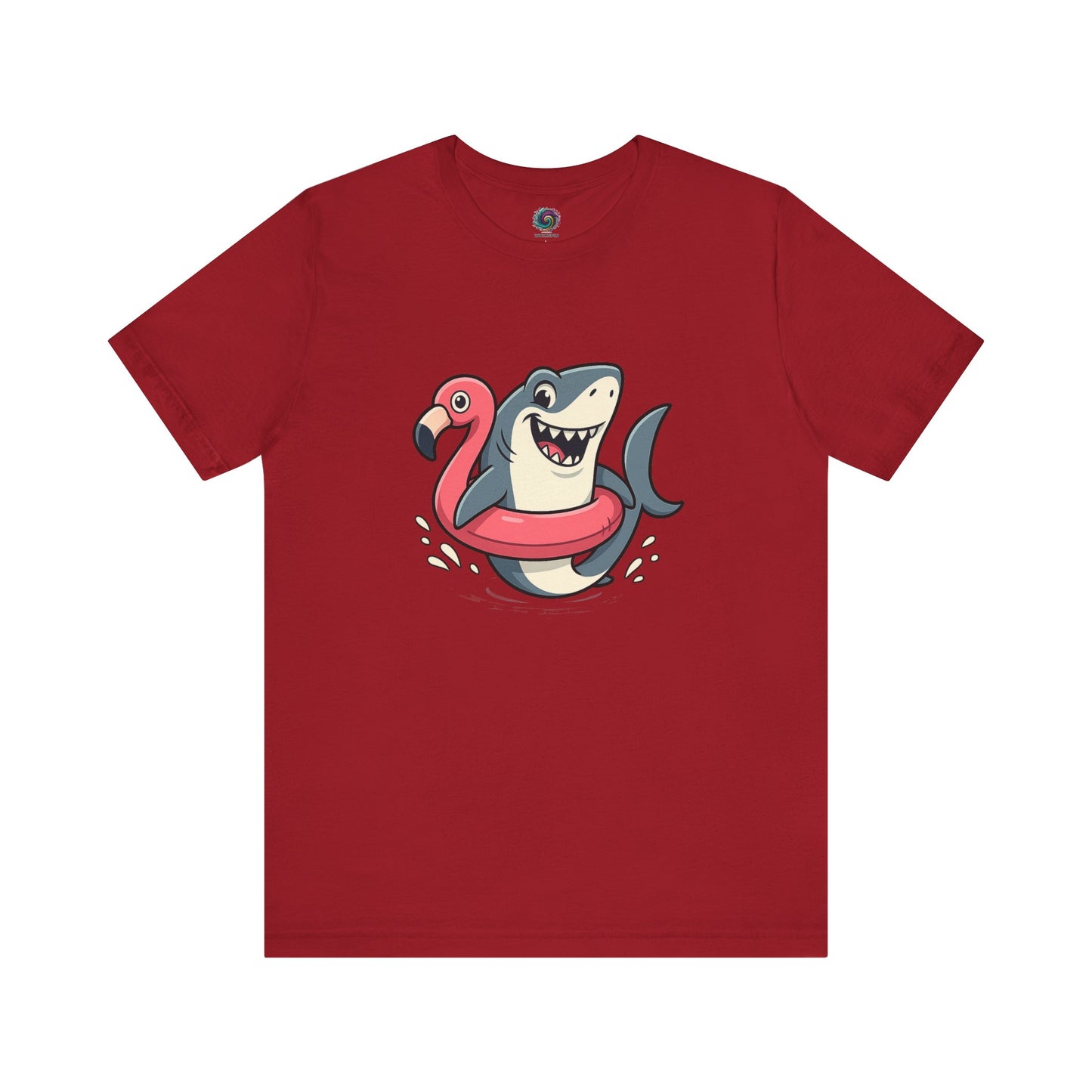 Shark Flamingo Floatie T-Shirt – Funny Beach & Pool Day Tee in canvas red featuring humorous beach shark artwork