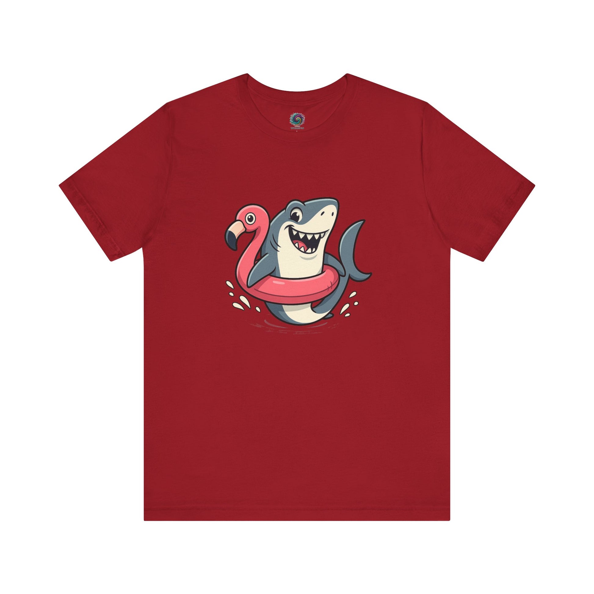 Shark Flamingo Floatie T-Shirt – Funny Beach & Pool Day Tee in canvas red featuring humorous beach shark artwork