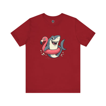 Shark Flamingo Floatie T-Shirt – Funny Beach & Pool Day Tee in canvas red featuring humorous beach shark artwork