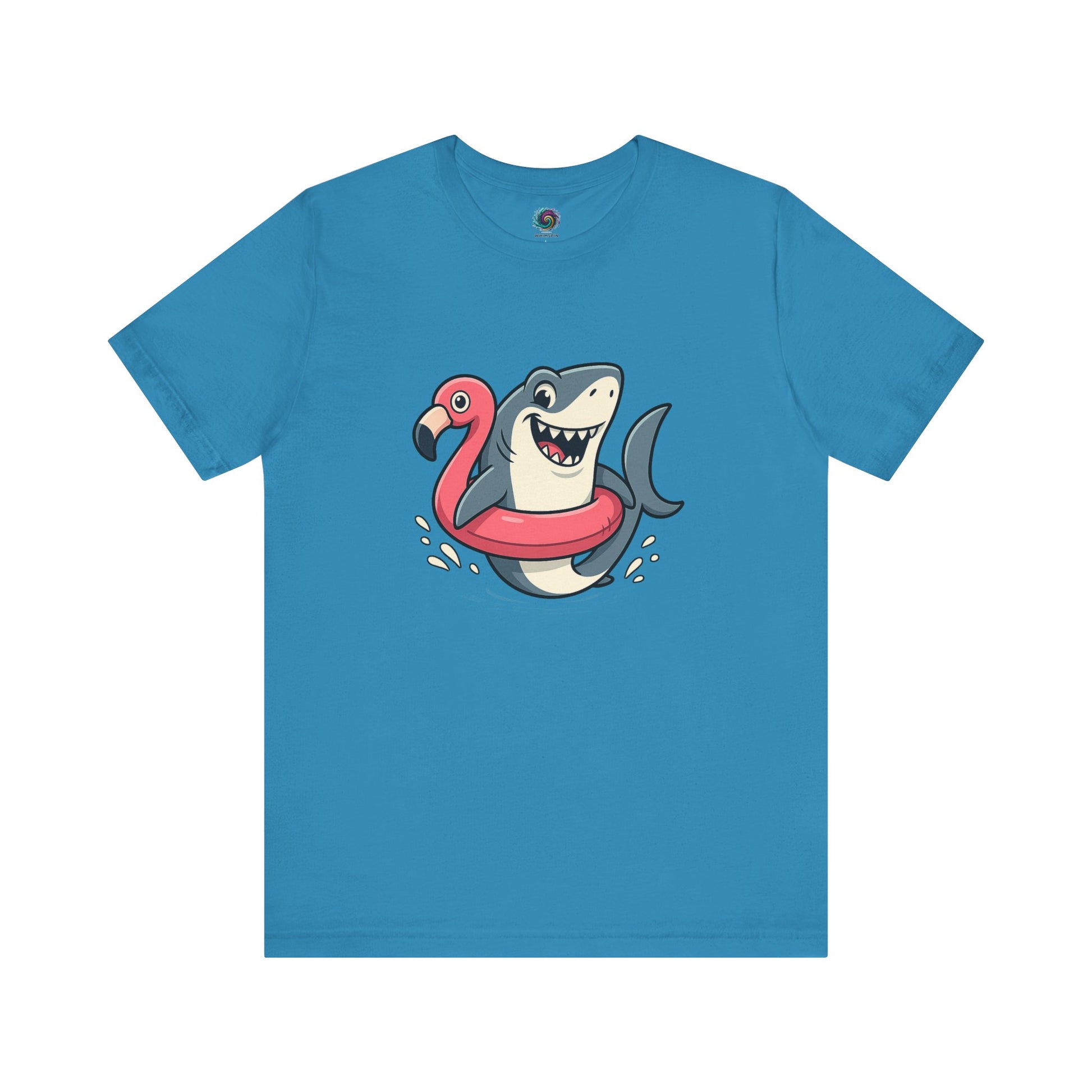 Shark Flamingo Floatie T-Shirt – Funny Beach & Pool Day Tee in aqua with cartoon shark and flamingo pool float graphic
