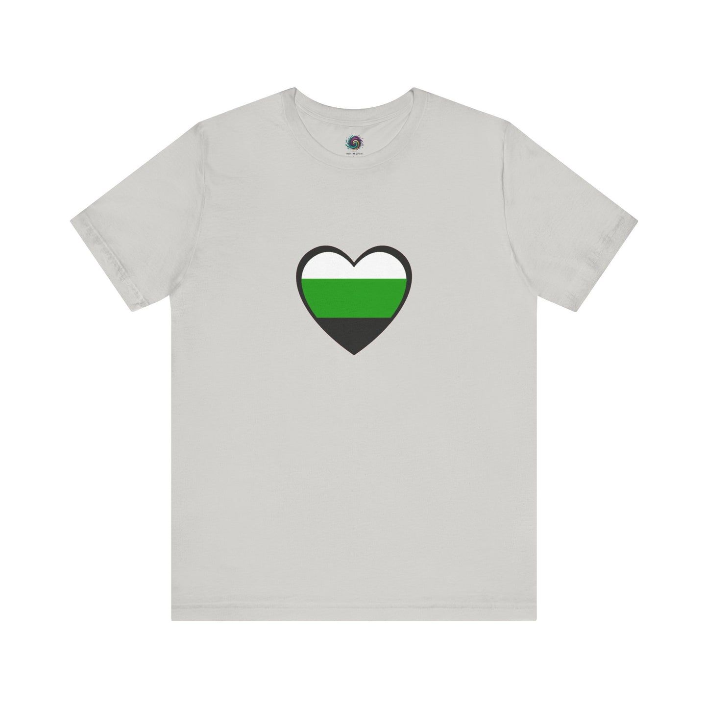 Flat lay of the Aromantic Heart T-Shirt in silver, displaying the sleek neutrois heart in aromantic colors for those exploring neutrois pride identity.