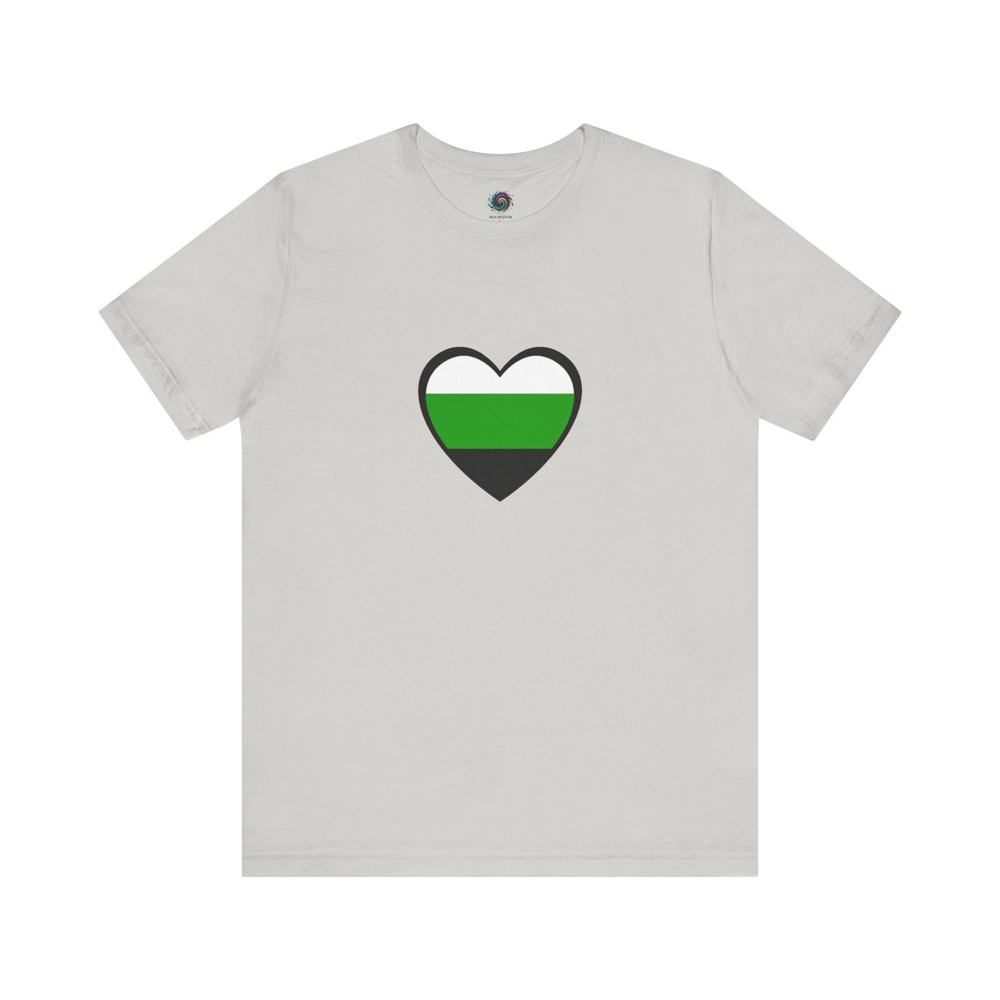 Flat lay of the Aromantic Heart T-Shirt in silver, displaying the sleek neutrois heart in aromantic colors for those exploring neutrois pride identity.