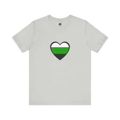 Flat lay of the Aromantic Heart T-Shirt in silver, displaying the sleek neutrois heart in aromantic colors for those exploring neutrois pride identity.