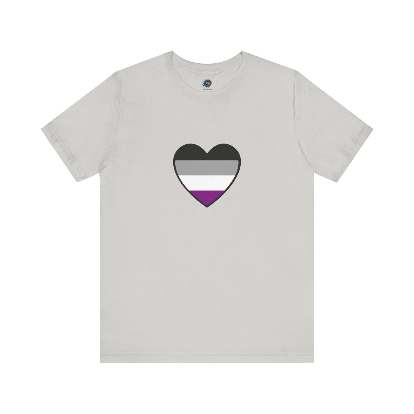 Asexual Pride Heart T-Shirt – Ace Flag LGBTQ+ Shirt in silver with a vibrant asexual flag heart, perfect for LGBTQ+ visibility and everyday pride wear.