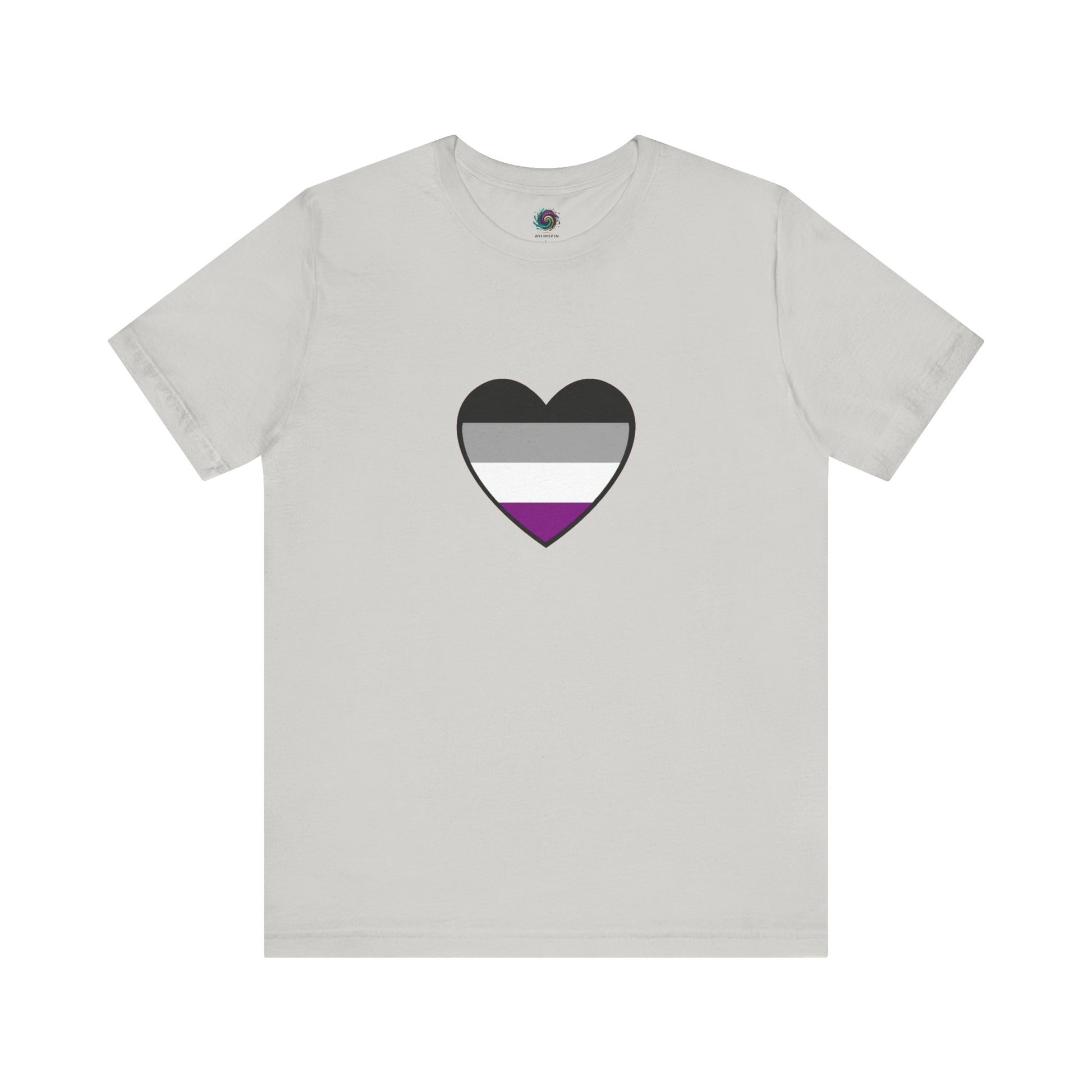 Asexual Pride Heart T-Shirt – Ace Flag LGBTQ+ Shirt in silver with a vibrant asexual flag heart, perfect for LGBTQ+ visibility and everyday pride wear.