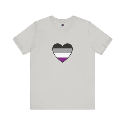 Asexual Pride Heart T-Shirt – Ace Flag LGBTQ+ Shirt in silver with a vibrant asexual flag heart, perfect for LGBTQ+ visibility and everyday pride wear.