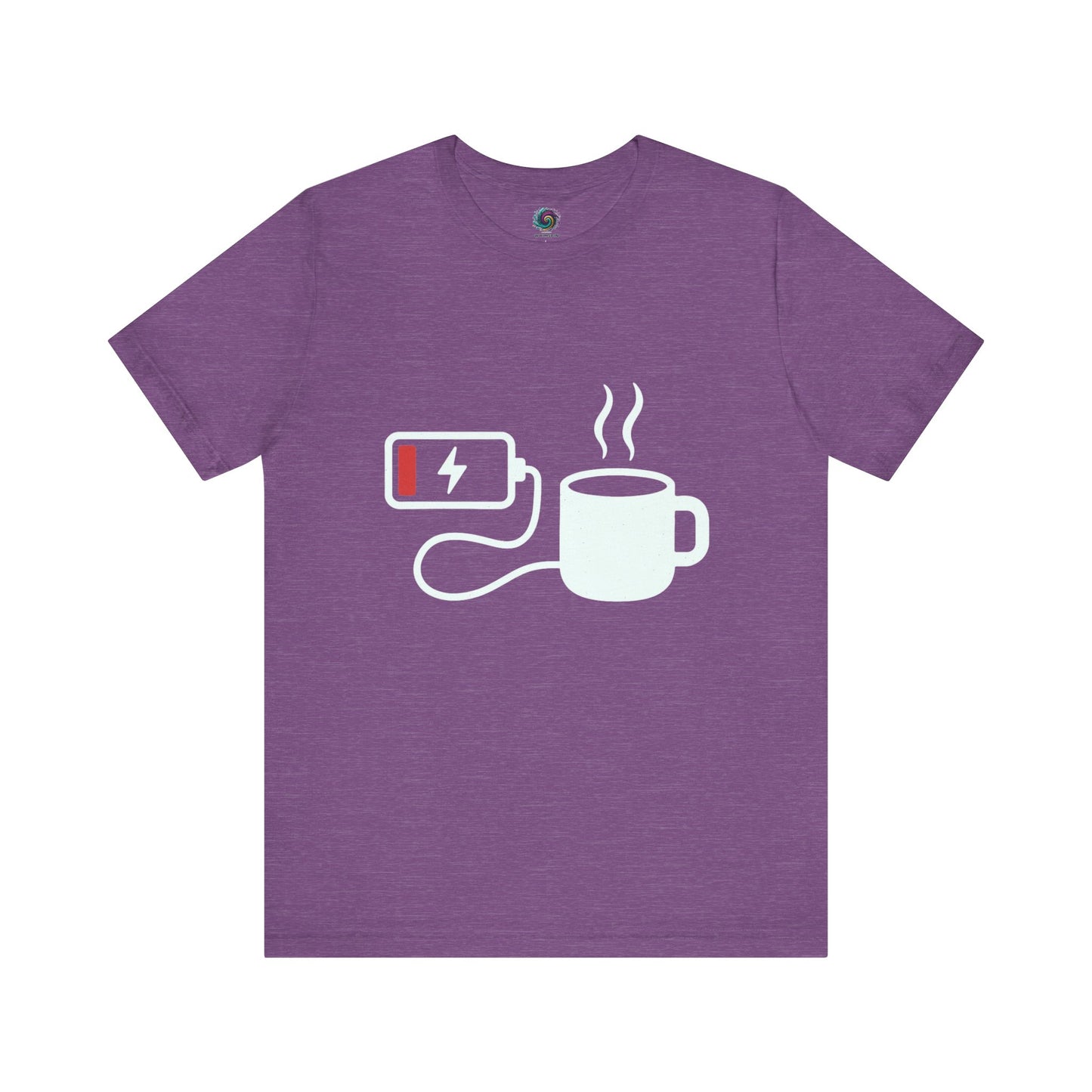 Low Battery Need Coffee T-Shirt in heather team purple, featuring charging cord graphic and tired energy.
