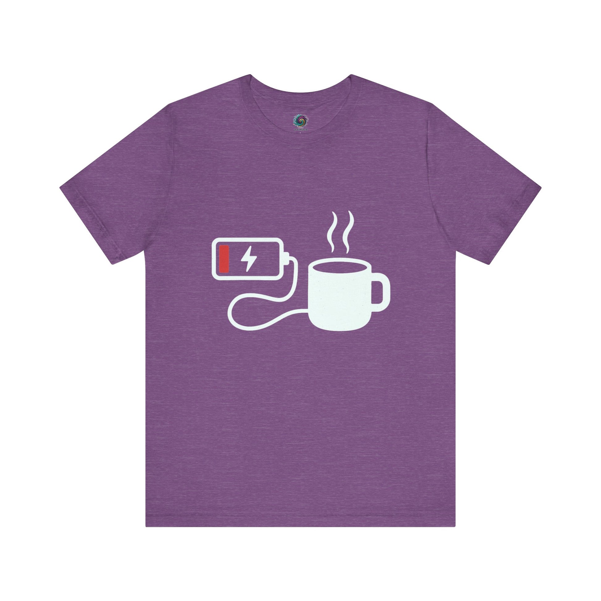 Low Battery Need Coffee T-Shirt in heather team purple, featuring charging cord graphic and tired energy.