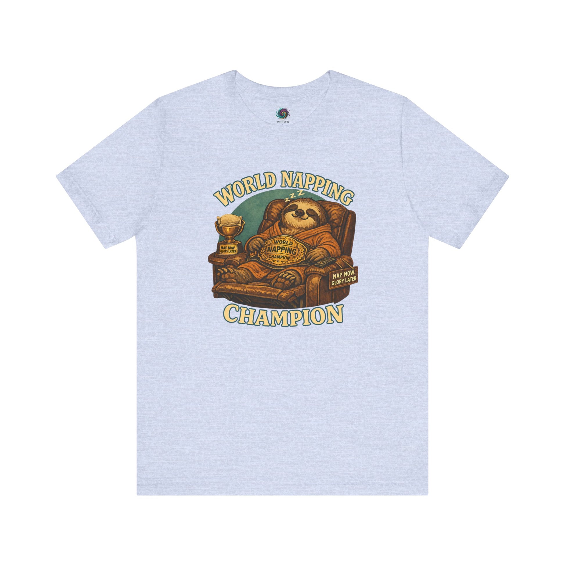 Heather Prism Blue World Napping Champion T-Shirt with funny sloth nap illustration and retro championship graphics