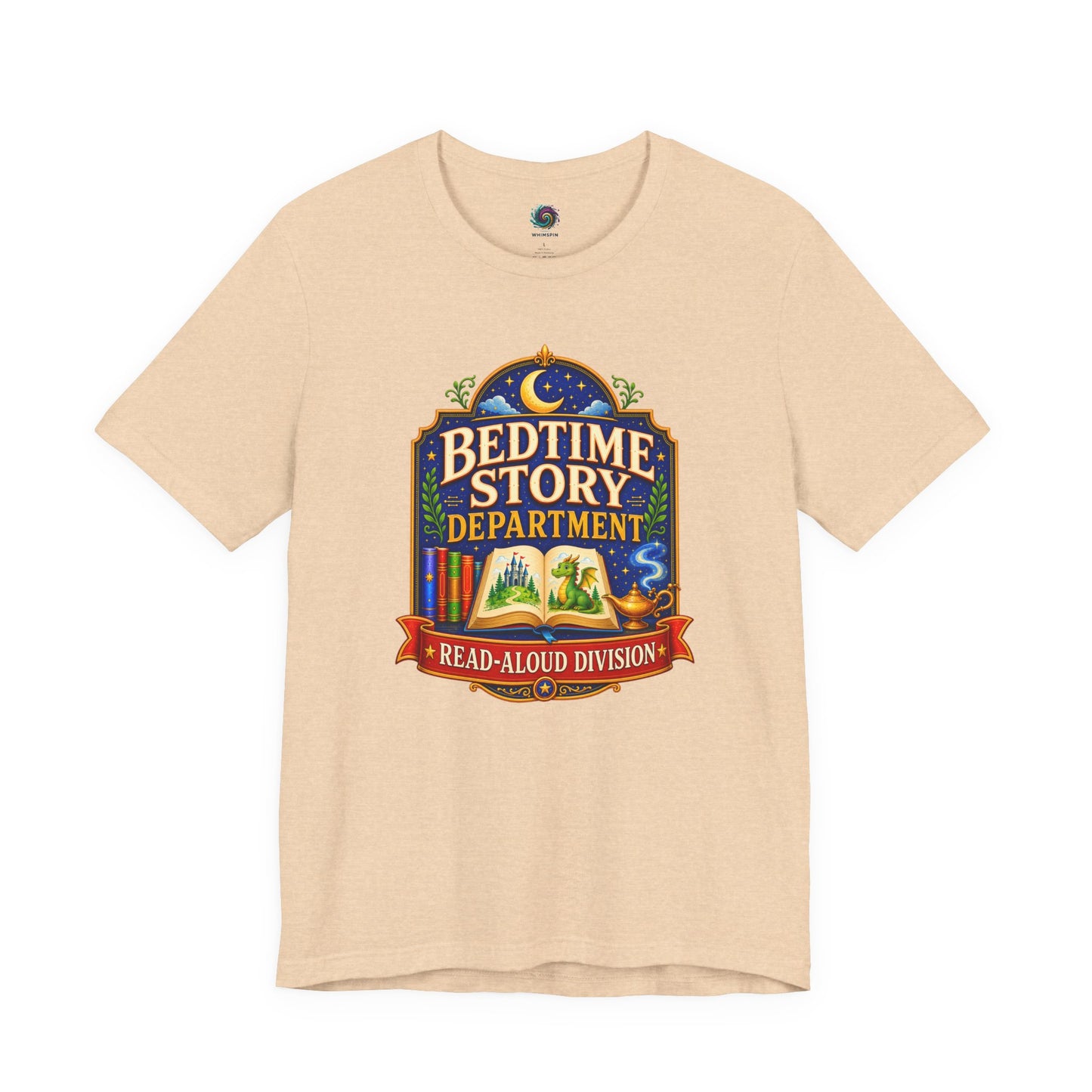 Bedtime Story Department T-Shirt – Read-Aloud Parent Tee on heather sand dune for grandparents, parents, and bedtime readers.