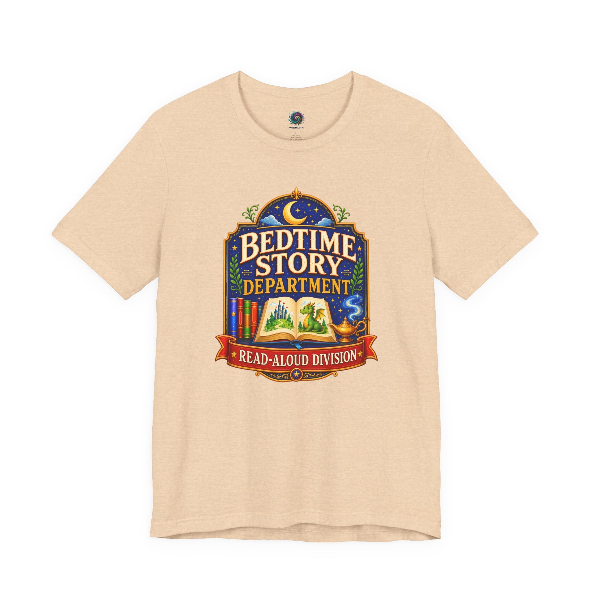 Bedtime Story Department T-Shirt – Read-Aloud Parent Tee on heather sand dune for grandparents, parents, and bedtime readers.