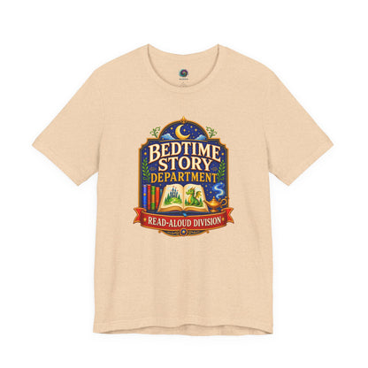 Bedtime Story Department T-Shirt – Read-Aloud Parent Tee on heather sand dune for grandparents, parents, and bedtime readers.