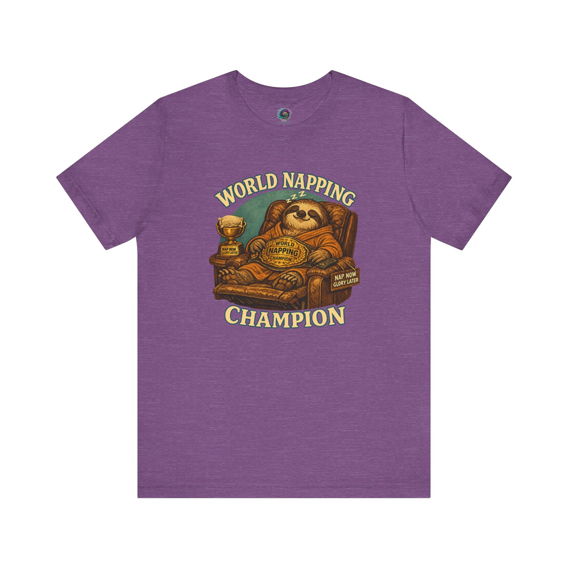 Heather Team Purple World Napping Champion T-Shirt with funny sloth nap artwork and vintage championship styling