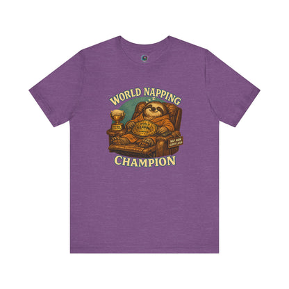 Heather Team Purple World Napping Champion T-Shirt with funny sloth nap artwork and vintage championship styling