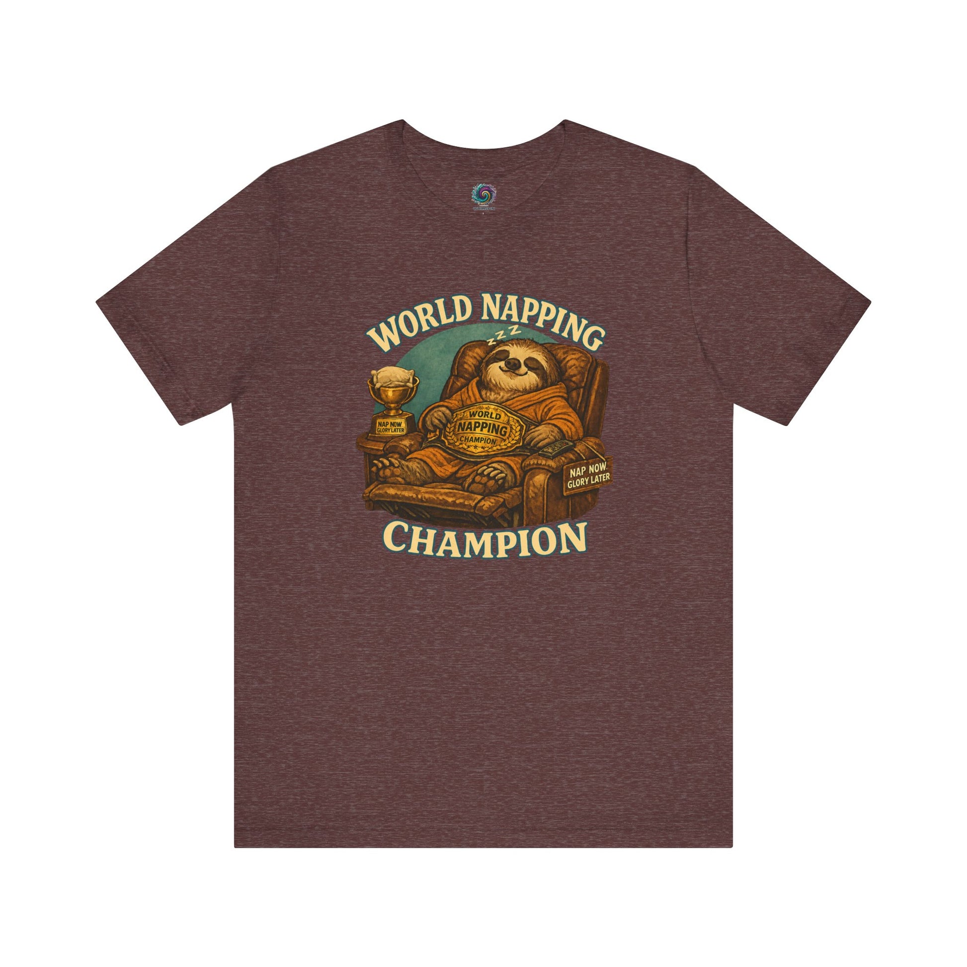 Heather Maroon World Napping Champion T-Shirt with laid-back sloth relaxing in chair surrounded by nap champion graphics